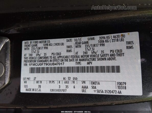 1FMCU0F79GUB47017 2016 FORD ESCAPE Gray ძრავის განყოფილების ხედი