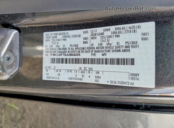 1FMCU0F79JUB04255 2018 FORD ESCAPE Gray Вид наклейки з VIN-кодом