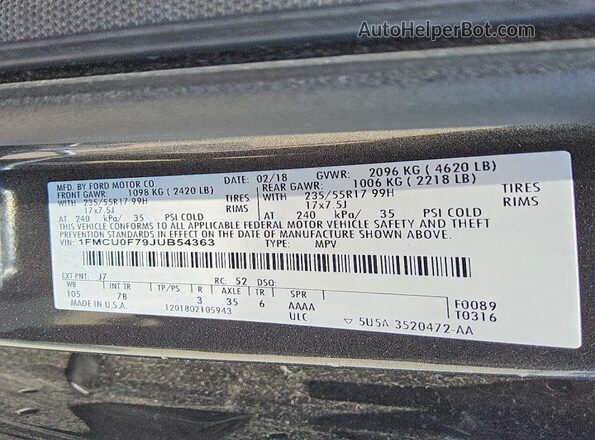 1FMCU0F79JUB54363 2018 FORD ESCAPE Gray VIN კოდის სტიკერის ხედი