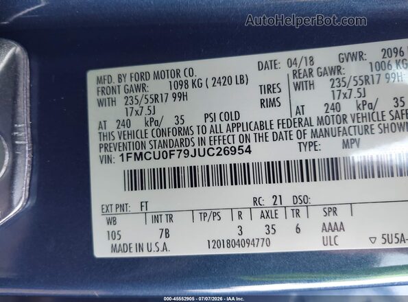 1FMCU0F79JUC26954 2018 FORD ESCAPE Blue Engine compartment view