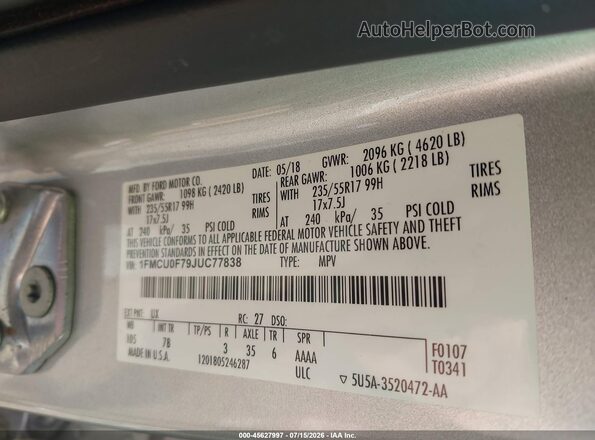 1FMCU0F79JUC77838 2018 FORD ESCAPE Silver Vista del compartimento del motor