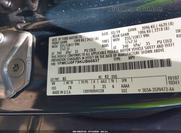 1FMCU0F79KUB66837 2019 FORD ESCAPE Blue ძრავის განყოფილების ხედი