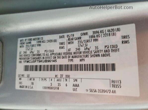 1FMCU0F79KUB96145 2019 FORD ESCAPE Серебряный Вид наклейки с VIN-кодом