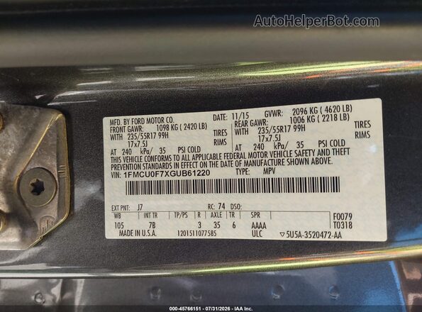 1FMCU0F7XGUB61220 2016 FORD ESCAPE Gray Շարժիչի բաժամունքի տեսք