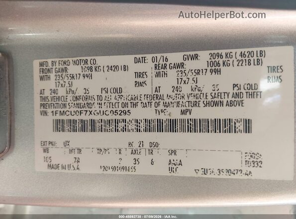 1FMCU0F7XGUC05295 2016 FORD ESCAPE Серебряный Вид подкапотного пространства
