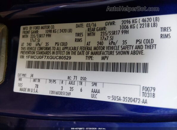 1FMCU0F7XGUC80529 2016 FORD ESCAPE Blue Вид підкапотного простору