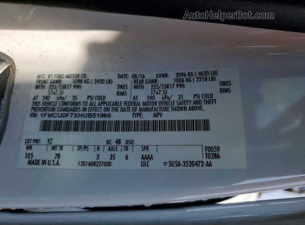 1FMCU0F7XHUB51966 2017 FORD ESCAPE White VIN sticker view