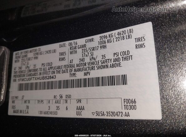 1FMCU0F7XHUB52843 2017 FORD ESCAPE Серый Вид подкапотного пространства