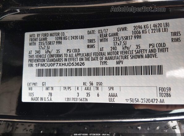 1FMCU0F7XHUD53626 2017 FORD ESCAPE Black Вид підкапотного простору