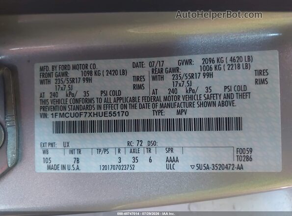 1FMCU0F7XHUE55170 2017 FORD ESCAPE Silver ძრავის განყოფილების ხედი