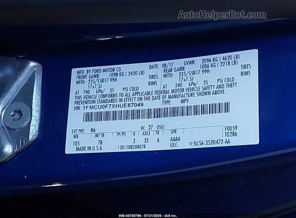 1FMCU0F7XHUE87049 2017 FORD ESCAPE Blue Engine compartment view