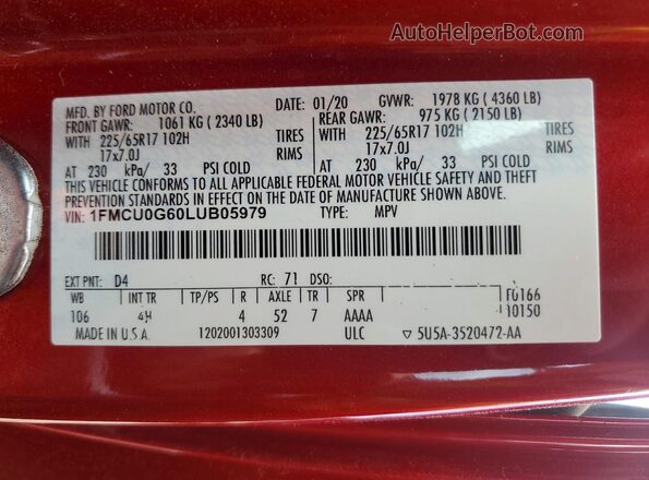 1FMCU0G60LUB05979 2020 FORD ESCAPE Red VIN კოდის სტიკერის ხედი