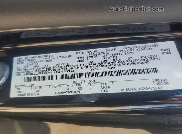 1FMCU0G64LUB13289 2020 FORD ESCAPE Black Vista del compartimento del motor