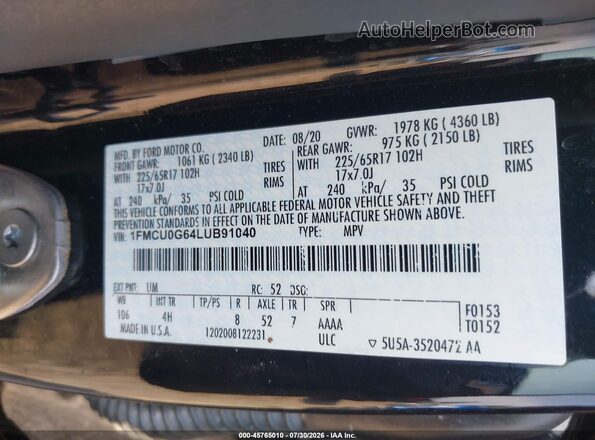 1FMCU0G64LUB91040 2020 FORD ESCAPE Black Вид підкапотного простору