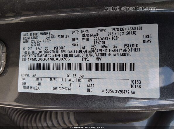 1FMCU0G64MUA00766 2021 FORD ESCAPE Gray Widok komory silnika