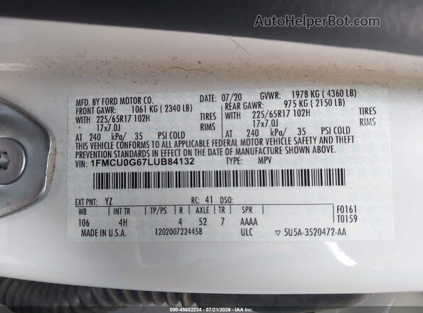 1FMCU0G67LUB84132 2020 FORD ESCAPE White Widok komory silnika