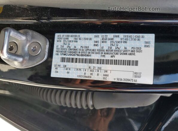 1FMCU0G67NUB95991 2022 FORD ESCAPE Black Vista de la etiqueta del VIN