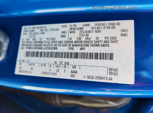 1FMCU0G68LUC62286 2020 FORD ESCAPE Синий Вид наклейки с VIN-кодом