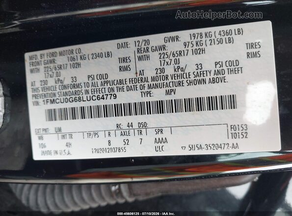 1FMCU0G68LUC64779 2020 FORD ESCAPE Black Engine compartment view