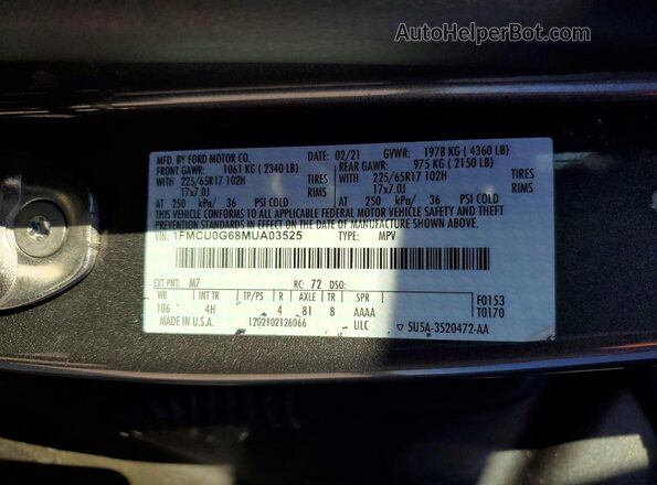 1FMCU0G68MUA03525 2021 FORD ESCAPE Gray VIN კოდის სტიკერის ხედი