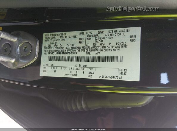 1FMCU0G68NUC00549 2022 FORD ESCAPE Black Vista del compartimento del motor