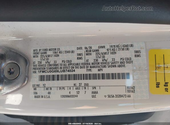 1FMCU0G69LUB74024 2020 FORD ESCAPE White Vista del compartimento del motor