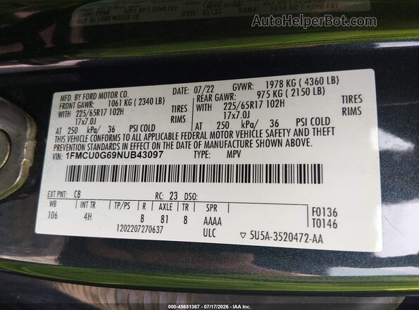 1FMCU0G69NUB43097 2022 FORD ESCAPE Gray Vista del compartimento del motor