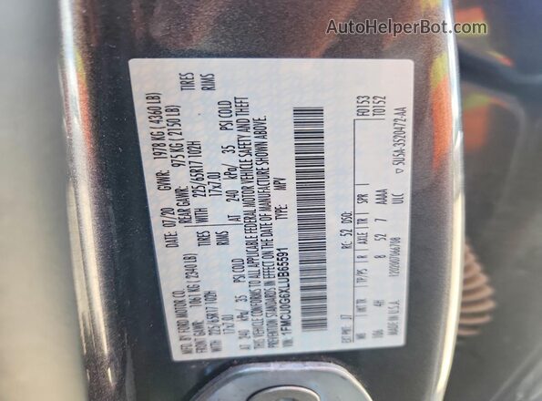 1FMCU0G6XLUB65591 2020 FORD ESCAPE Gray VIN կոդի պիտակի տեսք