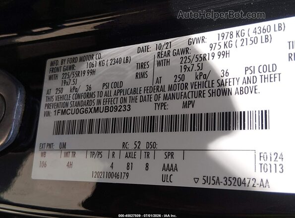 1FMCU0G6XMUB09233 2021 FORD ESCAPE Black Вид підкапотного простору