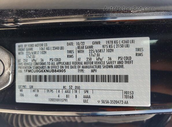 1FMCU0G6XNUB84905 2022 FORD ESCAPE Черный Вид наклейки с VIN-кодом