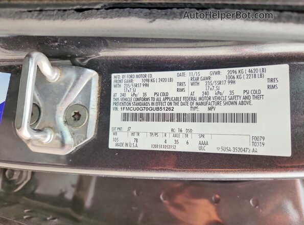 1FMCU0G70GUB51262 2016 FORD ESCAPE Gray VIN sticker view