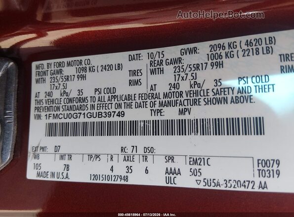 1FMCU0G71GUB39749 2016 FORD ESCAPE Red Вид підкапотного простору