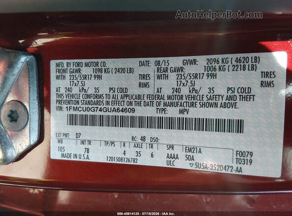 1FMCU0G74GUA64609 2016 FORD ESCAPE Red Widok komory silnika