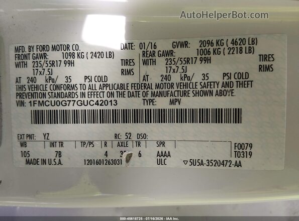 1FMCU0G77GUC42013 2016 FORD ESCAPE White Вид підкапотного простору