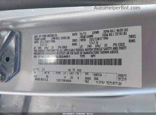 1FMCU0G78GUB24861 2016 FORD ESCAPE Серебряный Вид подкапотного пространства