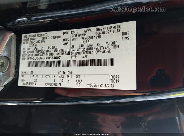 1FMCU0G78GUB84607 2016 FORD ESCAPE Black ძრავის განყოფილების ხედი