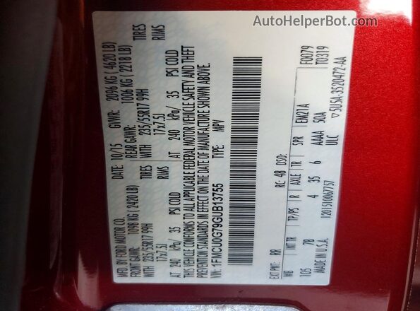 1FMCU0G79GUB13755 2016 FORD ESCAPE Red Vista de la etiqueta del VIN