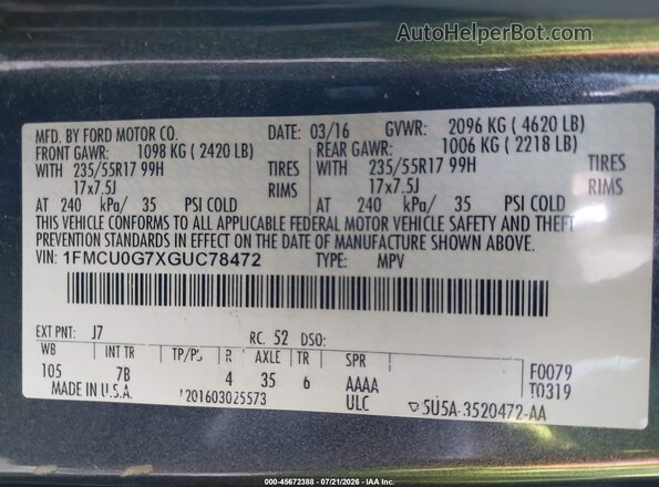 1FMCU0G7XGUC78472 2016 FORD ESCAPE Gray Widok komory silnika
