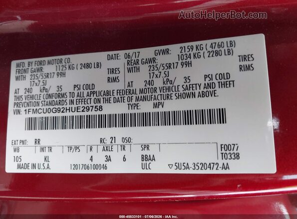 1FMCU0G92HUE29758 2017 FORD ESCAPE Red Widok komory silnika