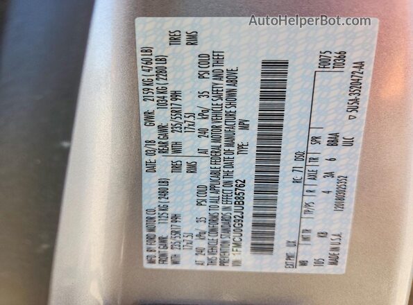 1FMCU0G92JUB85762 2018 FORD ESCAPE Silver Vista de la etiqueta del VIN