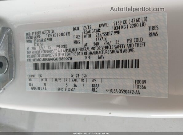 1FMCU0G94GUB89076 2016 FORD ESCAPE Белый Вид подкапотного пространства