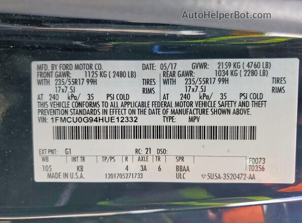 1FMCU0G94HUE12332 2017 FORD ESCAPE Черный Вид наклейки с VIN-кодом