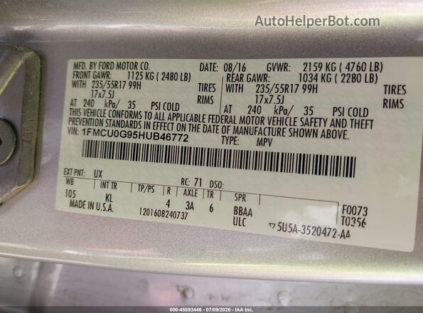 1FMCU0G95HUB46772 2017 FORD ESCAPE Серебряный Вид подкапотного пространства