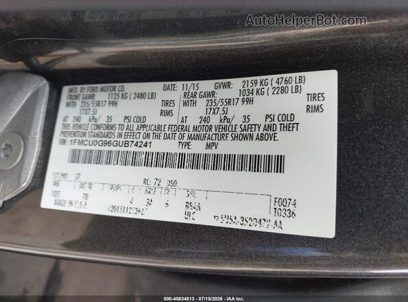 1FMCU0G96GUB74241 2016 FORD ESCAPE Gray ძრავის განყოფილების ხედი