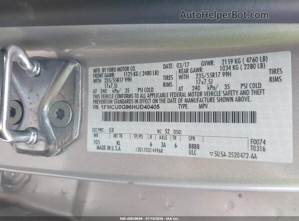 1FMCU0G96HUD40405 2017 FORD ESCAPE Silver Engine compartment view