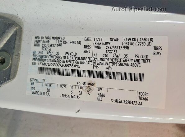 1FMCU0G97GUB75415 2016 FORD ESCAPE White Vista interior de 360 grados