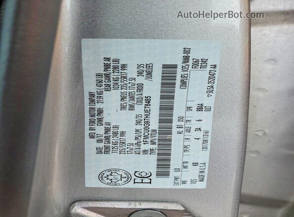 1FMCU0G97HUE78485 2017 FORD ESCAPE Silver VIN sticker view