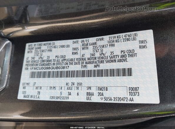 1FMCU0G98GUB03817 2016 FORD ESCAPE Gray Շարժիչի բաժամունքի տեսք