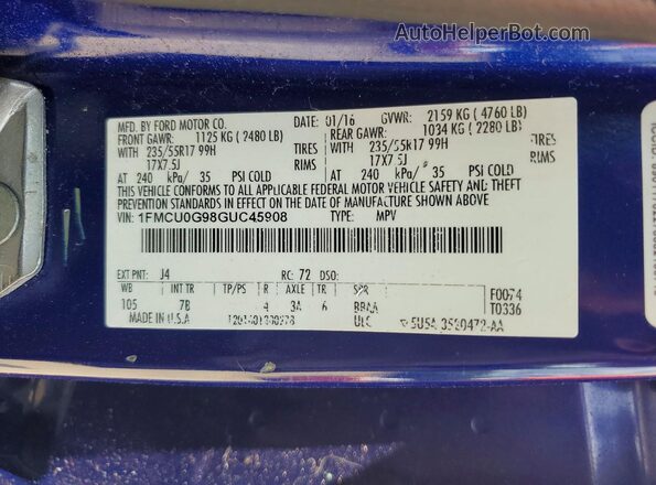 1FMCU0G98GUC45908 2016 FORD ESCAPE Синий Вид подкапотного пространства