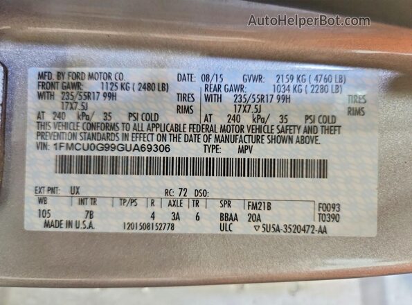1FMCU0G99GUA69306 2016 FORD ESCAPE Silver Սալոնի 360 աստիճան տեսք